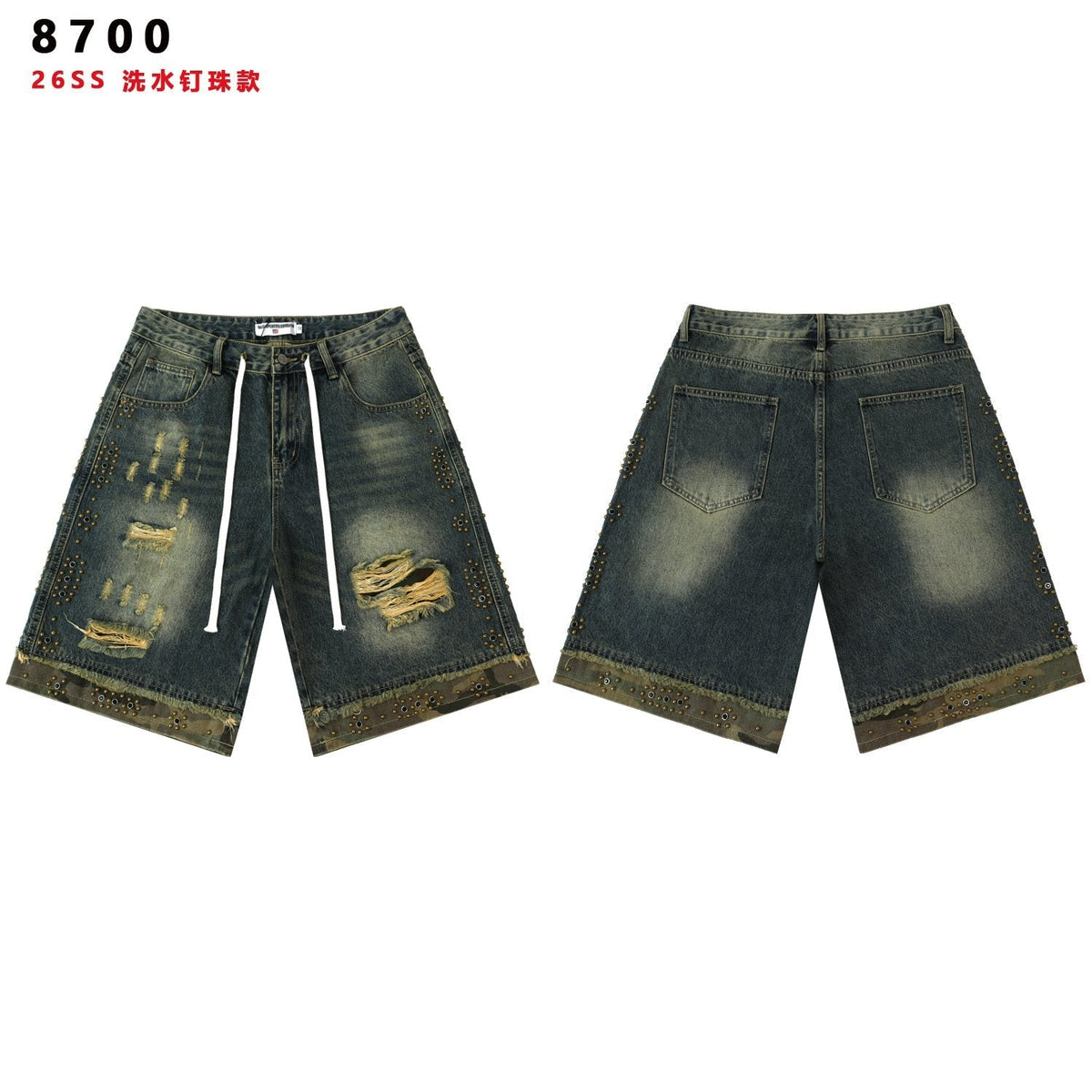 VALLEY Studded Distressed Washed Denim Shorts