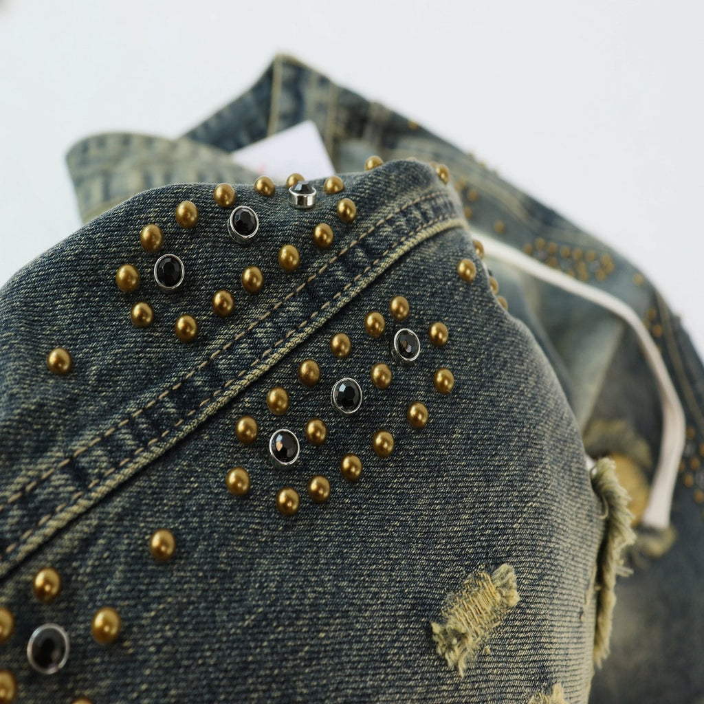 VALLEY Studded Distressed Washed Denim Shorts