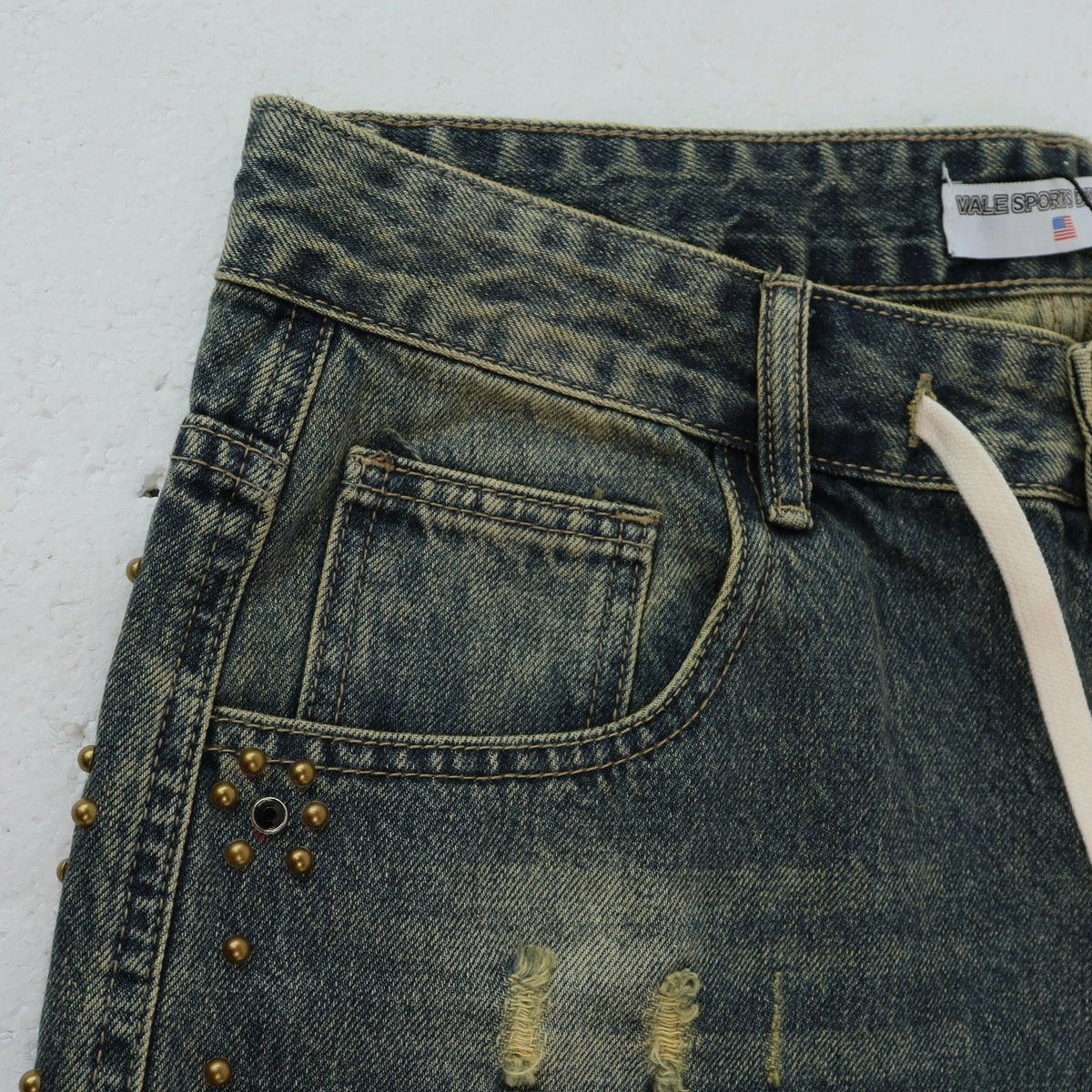 VALLEY Studded Distressed Washed Denim Shorts