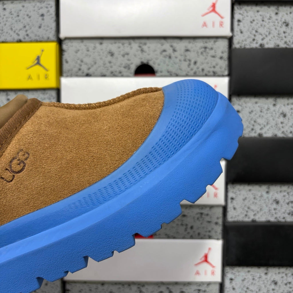 UGG Neumeel Deco Slip-On – Suede Moccasin Sneaker with Electric Blue Lug Sole & Drawstring Collar in Chestnut