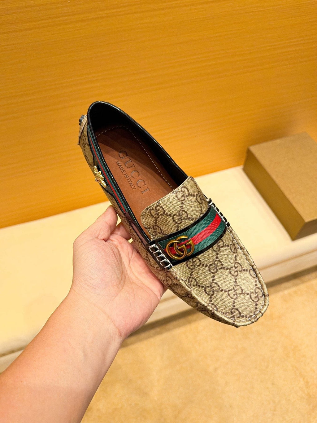 Gucci Beige Monogram Stripe Loafers