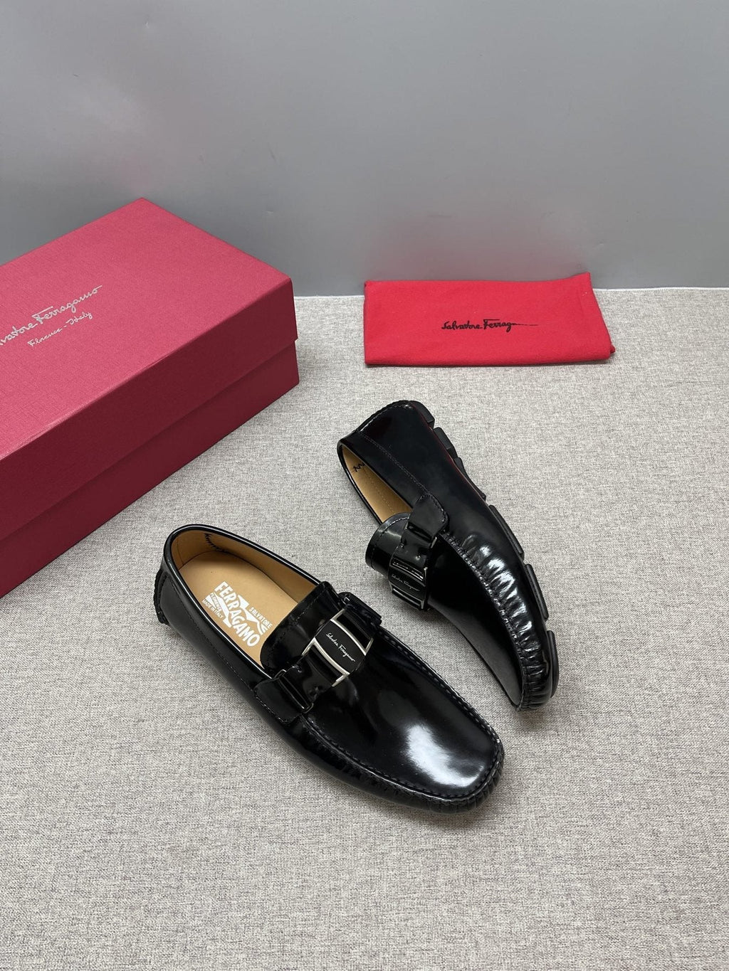 Ferragamo Men's Black Buckle Driving Loafers - Silver-Tone Hardware