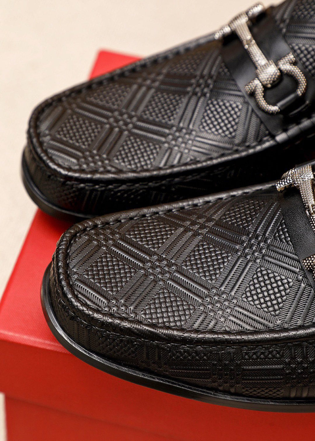 Ferragamo Black Embossed Buckle Loafers - Rubber Sole