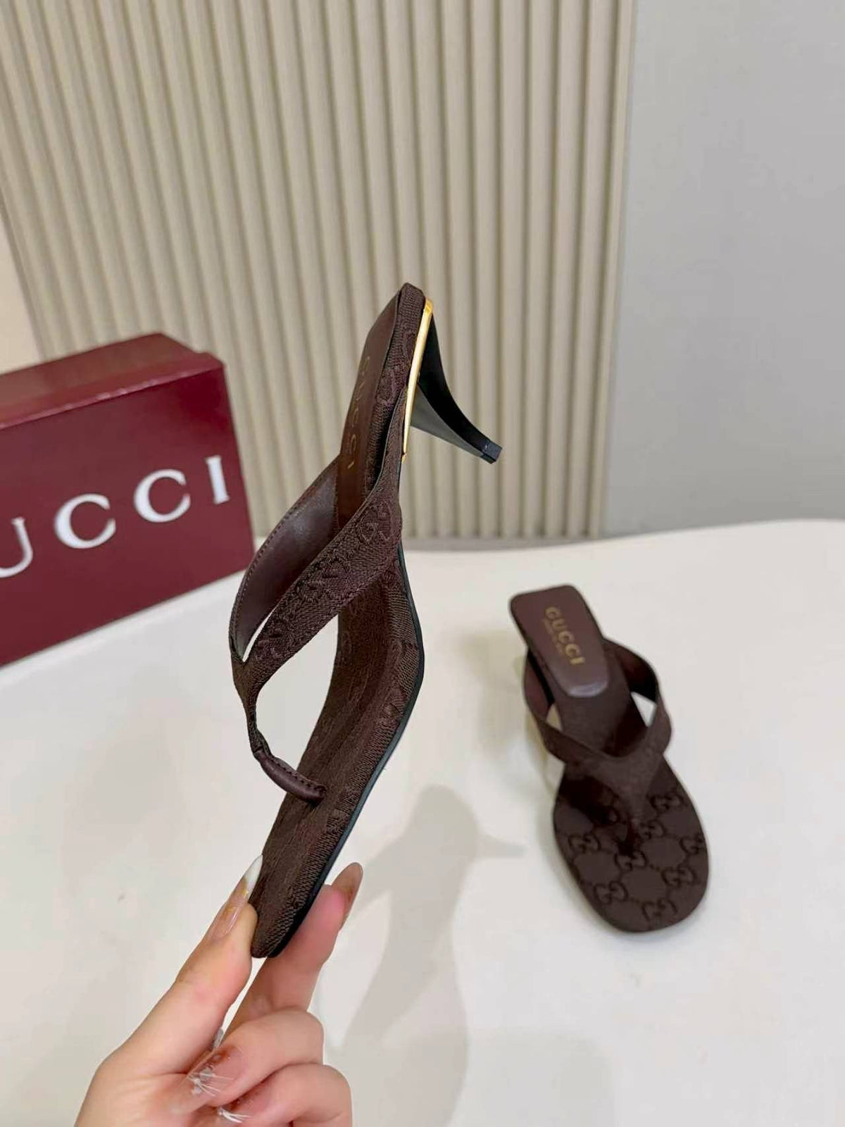 Gucci Monogram Thong Heel Sandals